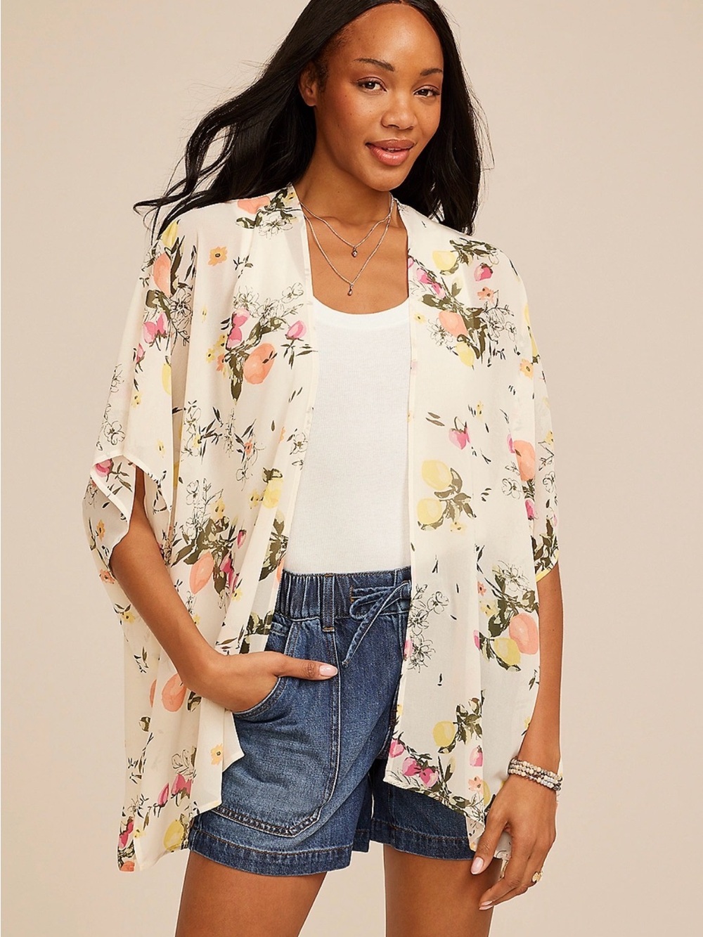 Maurices Cream Floral Kimono Cape with Pink and Yellow Accents